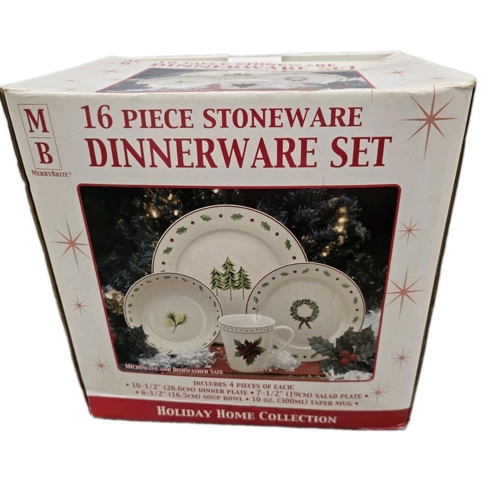 Vintage 2002 Merry Brite 16Pc Christmas Stoneware Dinnerware Set Tree Wreath